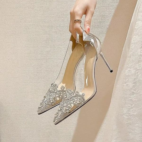 Elegant French style high heels for summer freshmen womens slim high heels transparent rhinestone single shoes corner toe wedding 240802