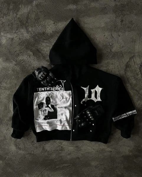 NARCISSIST Black Gothic Zip Up Hoodies Retro Hip Hop Graphic Patchwork Hoodie Y2k Men Women Punk Patch Harajuku Jacket Clothing 240806