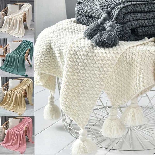 Warm Knitted Blanket With Tassel Solid Color Sofa Blanket Cover Nordic Decor Throw Blanket For Bed Portable Breathable ShawlM240807