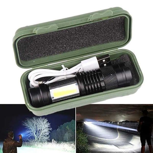 Portable Built In Battery Q5 Zoomable Led Flashlight 8 COB Side Lights USB Rechargeable Waterproof Outdoor Camping Lantern Y240731