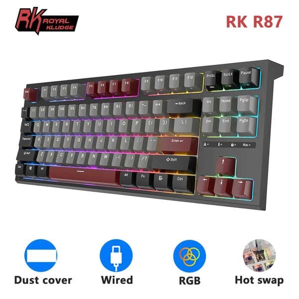RK ROYAL KLUDGE R87 Wired Mechanical Keyboard 87 Key RGB Backlit Hot-swappable Gamer Keyboard Customised Keycaps with Dust CoverM240715