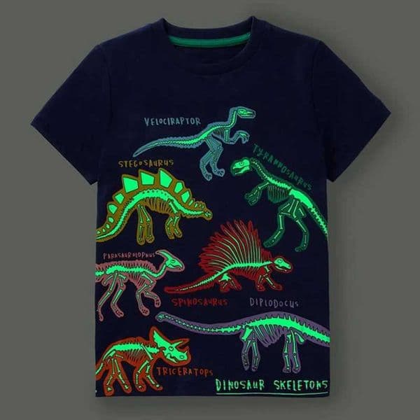 Summer childrens fashion cartoon glowing dinosaur short sleeved T-shirt boys breathable shirt zipper top childrens clothingW240718