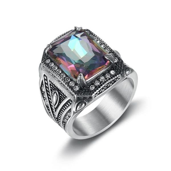 Retro Punk Casting Ring Iced Colorful Rhinestone Stainless Steel Mens Jewelry