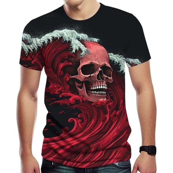 Halloween Mens T shirt Gothic Dark Waves and Splashes Skeleton Gorgeous Skull Pattern T-Shirts Tee shirts tshirt graphic tee Casual tops summer clothes Short