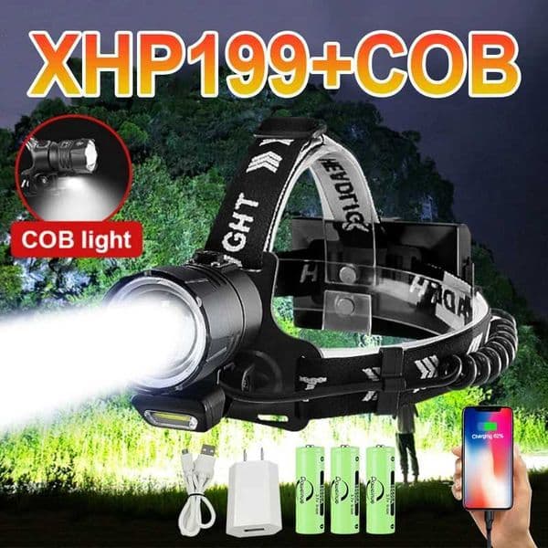 XHP199 COB Powerful LED Headlamp Rechargeable LED Headlight 18650 High Power Head Flashlight USB Head Lamp Light Fishing LanternCL240807