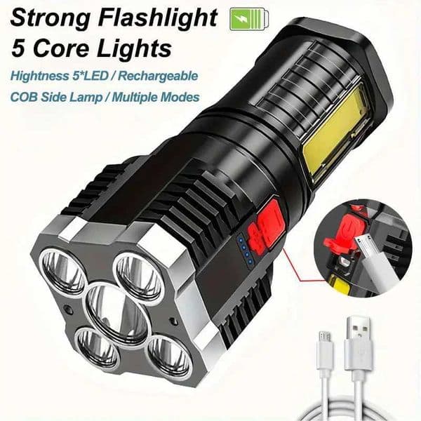 5 LED Flashlight High Power Camping Spotlight USB Rechargeable COB Side Light 4 Lighting Modes For Outdoor Adventure Hiking Y240731