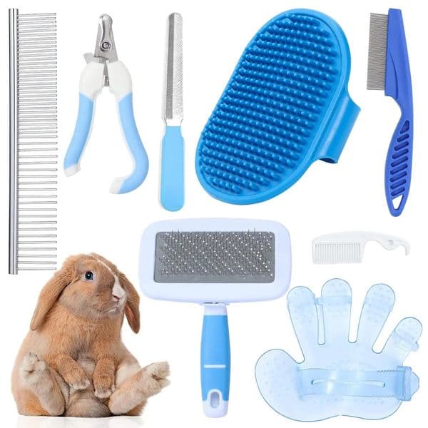 8pcsset Rabbit Grooming Kit Rabbit Brush for Shedding with Bunny Nail Clipper and Pet Combs Bath Massage Glove Brush for Pets 240807