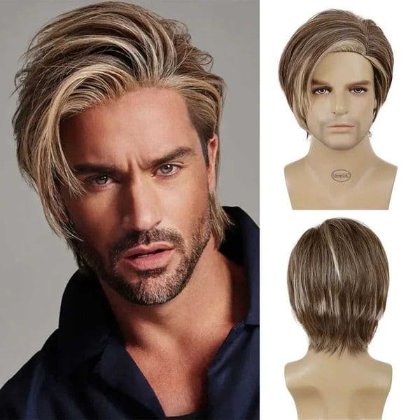 GNIMEGIL Mens Wig Natural Short Straight Synthetic Wigs for Men Brown Mix Blonde Highlight Wig Male Side Parting Bangs CosplayM240806
