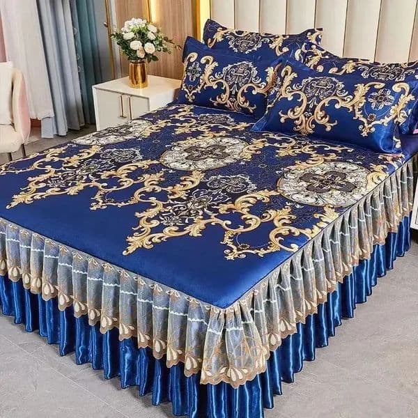 perfume 2026 3Pcs/Lot Double Set cologne Classic Lace Royal Blue Sheet Bed Skirt Machine Washable Wedding Bedspread Mattress Cover 240807 Free Shipping