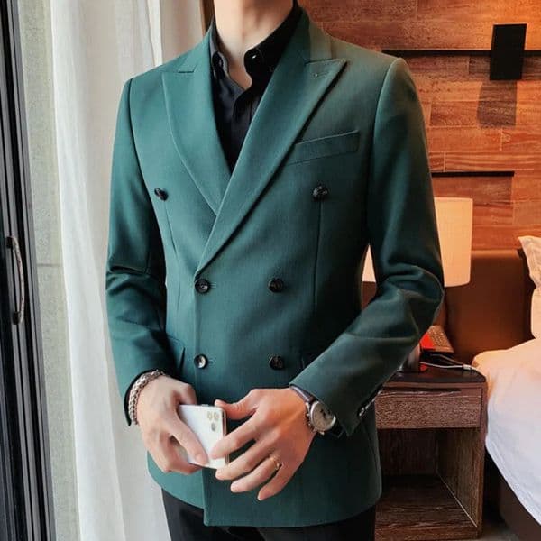 Men Streetwear Suit Jacket Spring Green Vintage Double Breasted Blazer Hombre Business Casual Coat Uniform 240807