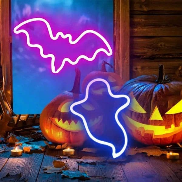 1PC Halloween Bat And Ghost Shape Neno Sign Light LED Neon Decorative Night Light Atmosphere Table Lamp For Bedroom Indoor Decor Y240807