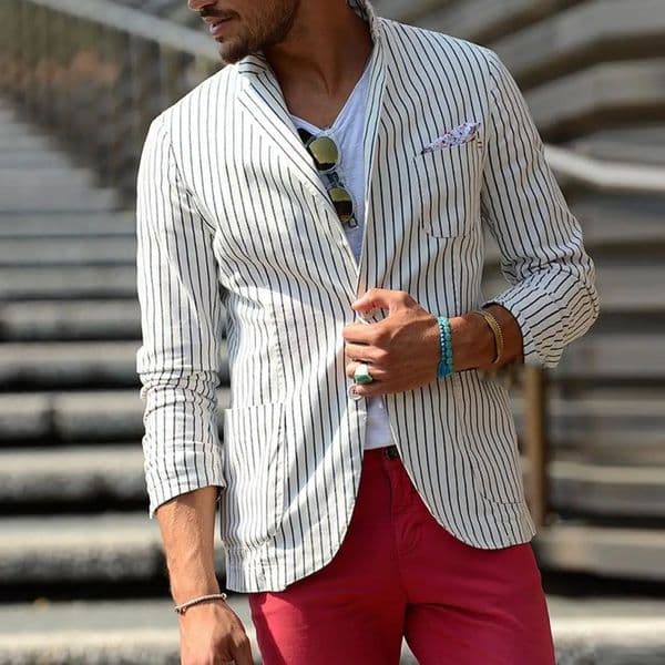 Men Lapel Long Sleeve Suit Coat Striped Print Pockets Buttons Placket Formal Business Blazer Thin Breathable Jacket 240807