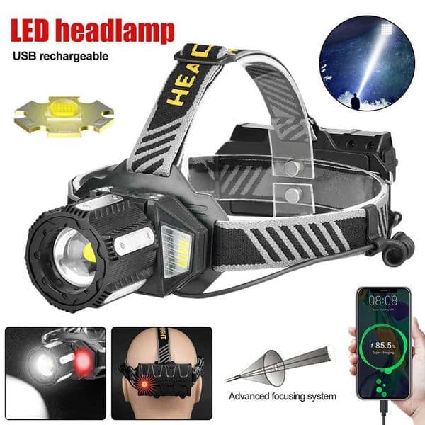LED Headllight White Head Lamp with Red Side Light Zoomable Flashlight Waterproof 36CORE XHP360 USB Charging for Fishing CampingCL240807