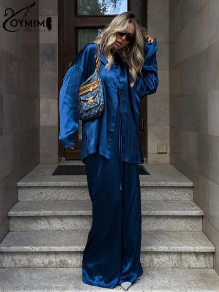 Oymimi Casual Loose Blue Satin Womens 2 Piece Outfit Set Elegant Long Sleeve Shirt With High Waist Wide Pants Set Streeetwear 240808