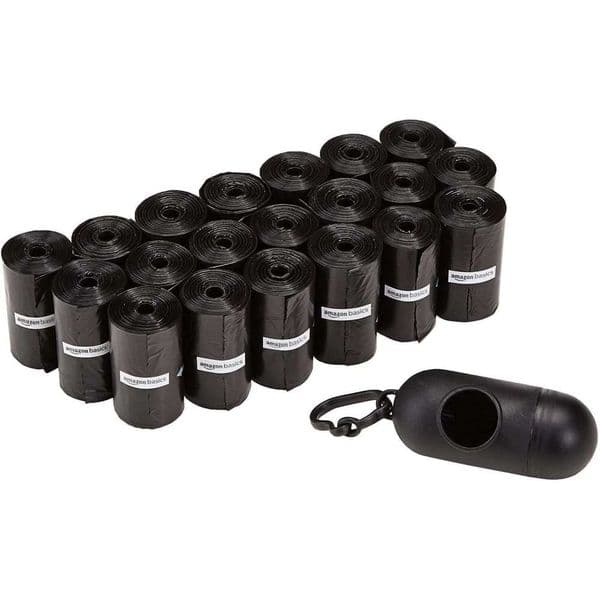 Basics Dog Poop Leak Proof Bags With Dispenser and Leash Clip, Unscented, 300 Count, 20 Pack of 15, Black, 13 x 9 Inch