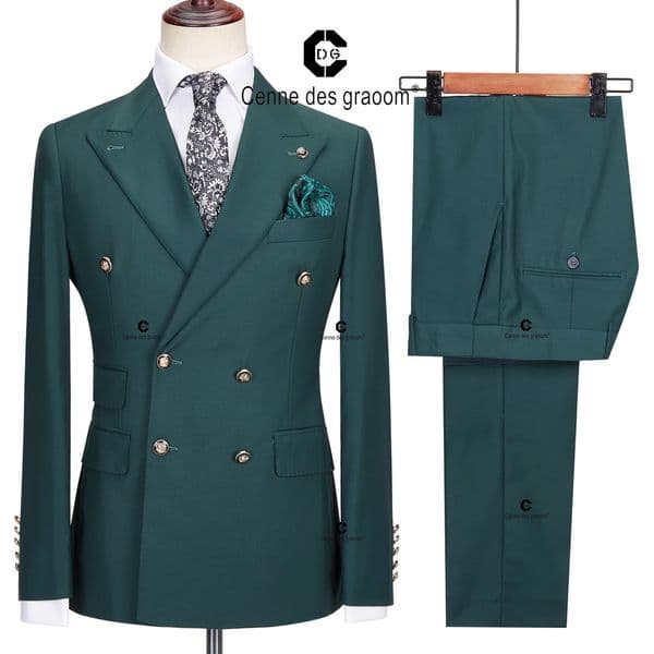 Cenne Des Graoom Elegant Suits For Men Green Double Breasted 2 Pieces Set Slim Fit High Quality Wedding Party Costume 240807