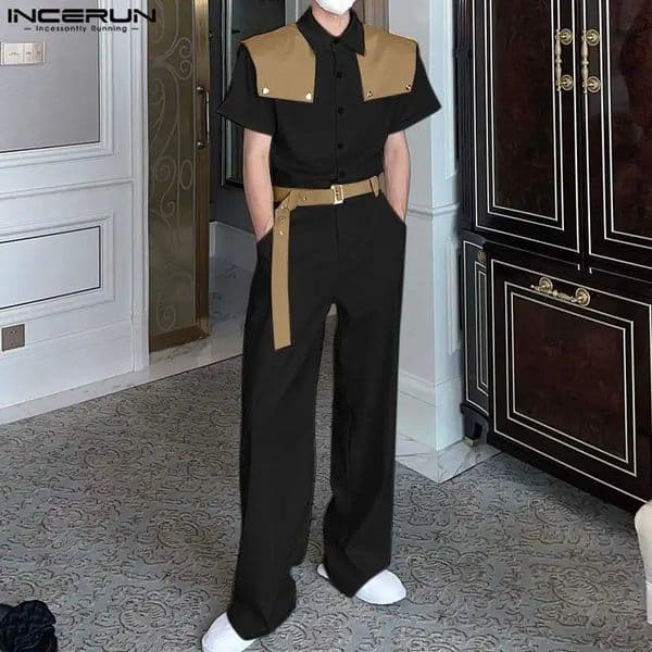 INCERUN 2024 Korean Style Mens Shawl Layered Jumpsuits Casual Streetwear Patchwork Straight Tube Long Sleeved Rompers S-5XL 240808