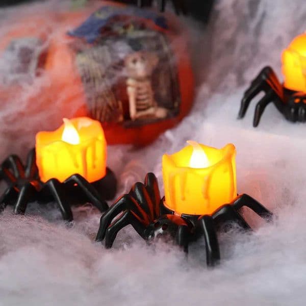 Halloween Tea Light Black Spider CandleFlameless Battery Operated LED TealightSmall Pumpkin Light for Halloween Spooky Decor Y240807