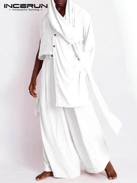 Mens Solid Retro Streetwear Scarf Irregular Sleeves Asymmetric Shirt and Wide Leg Pants Casual Set INCERUN 5XL 240808