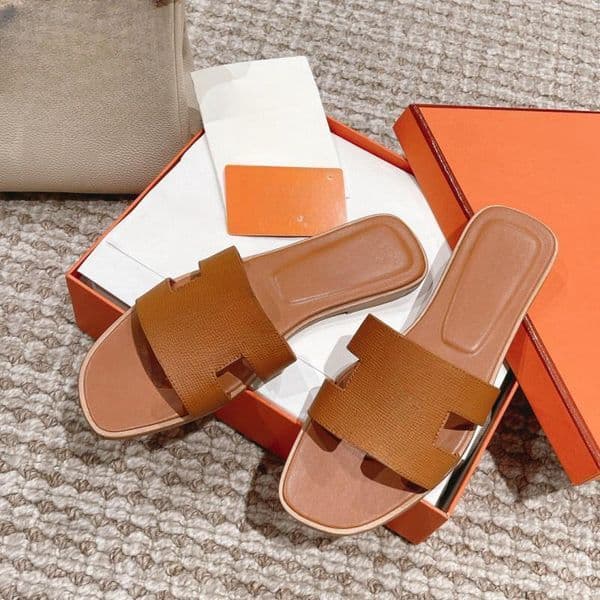 Designer Sandals Real Leather Slippers For Women Square Toe Flat Top Quality Comfortable Classic Slippers Brown Flip Flops Summer Casual Sandals size34-42
