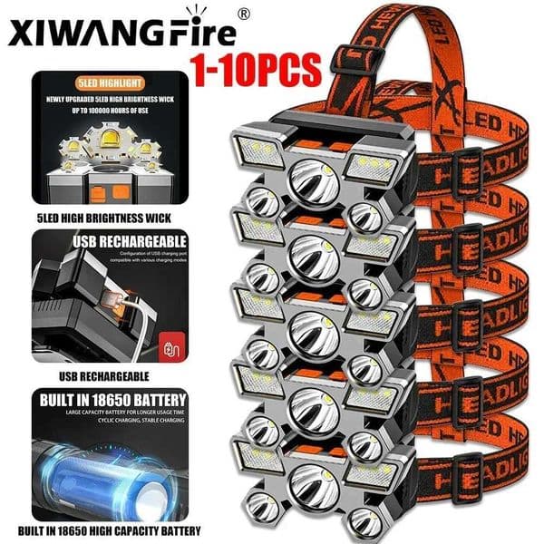 1-10PCS 5LED Headlamp Built-in Battery Rechargeable Torch Outdoor Night Portable Working Light Fishing Camping Head LampCL240807
