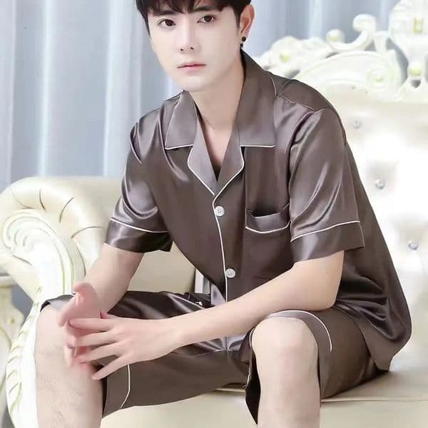 Summer Silk Satin Mens Pajamas Solid Color Sleepwear Big Size Short Sleeve Button-Down Pyjamas Home Suit Pijama Lounge Pjs Sets 240808