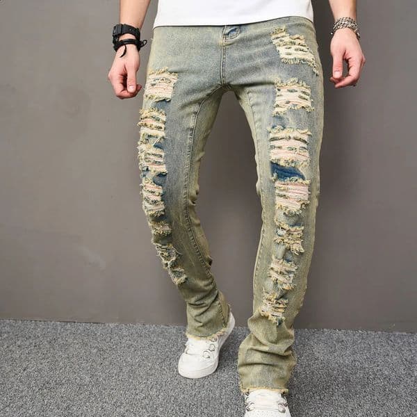 Men Stylish Vintage Hip hop Holes Stretch Skinny Jeans Pants Male Ripped Solid Casual Slim Jogging Denim Trousers 240809