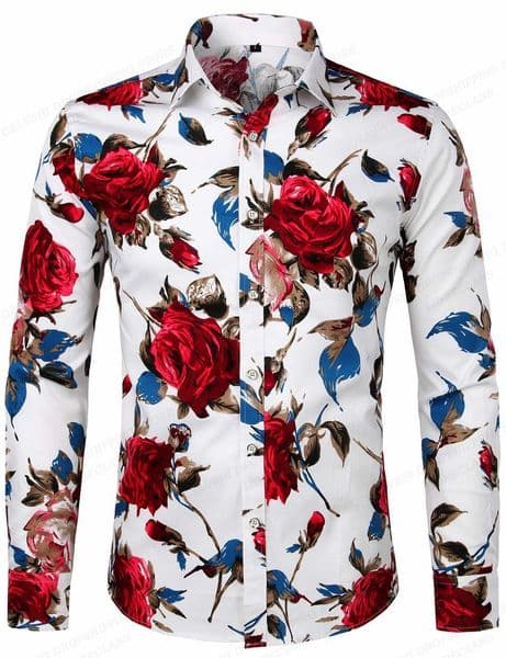 Red Rose Hawaiian Shirts Floral Print Shirts Men Fashion Shirt Long Sleeve Beach Blouse White Blouse Mens Clothing Vocation 240808