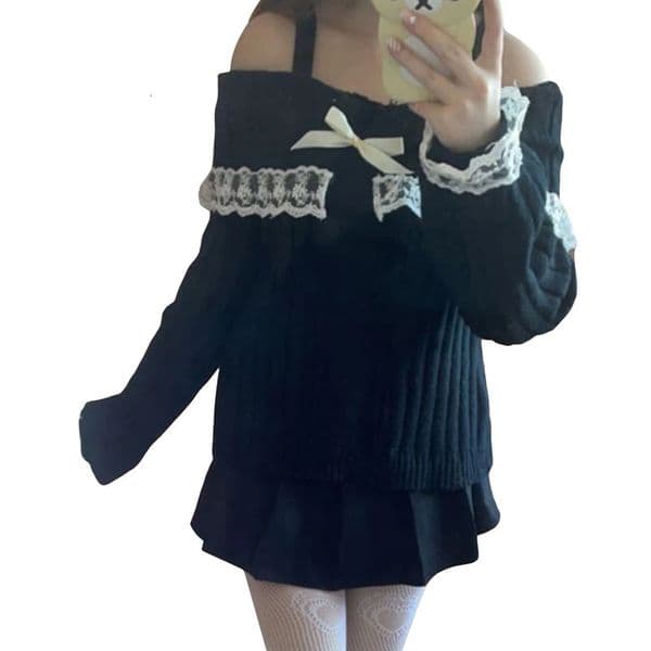 Kawaii lace decorative shoulder drawstring beautiful and cute clothing Harajuku cosplay sweater Y2K aesthetic retro long sleeved jumper 240809