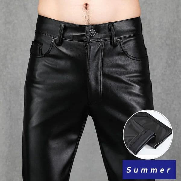 Thin leather pants mens motorcycle in spring and summer fashion colors elastic slim fit PU Trouser windproof waterproof underwear 240808