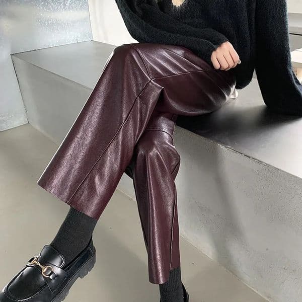 Autumn Winter Womens Leather Trousers High Waist Loose black Brown Straight Leg Pants Classic pu Faux Leather Pants for Women 240808