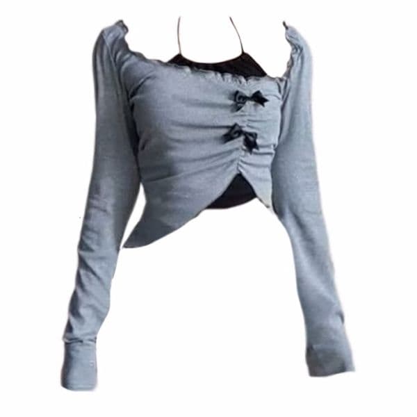 Autumn Women Two Pieces Set Halter Top Korean Fashion Gyaru Long Sleeve Crop Tops T-Shirts Y2k Streetwear Tees Coquette Girl 240716