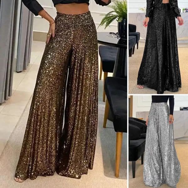 High Waist Elastic Waistband Straight Full Length Women Pants Club Night Sequins Loose Wide Leg Pants 240809