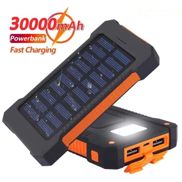 Waterproof 30000mAh Solar Power Bank, Solar Charger with LED Light, USB Ports External Charger Powerbank for Xiaomi Smartphone LL