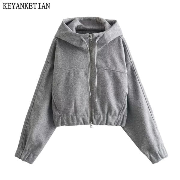 KEYANKETIAN Winter Seam Detailed Zipper Womens Wool Hoodie Street Light Grey Loose Stickers Top Pocket Coat 240809