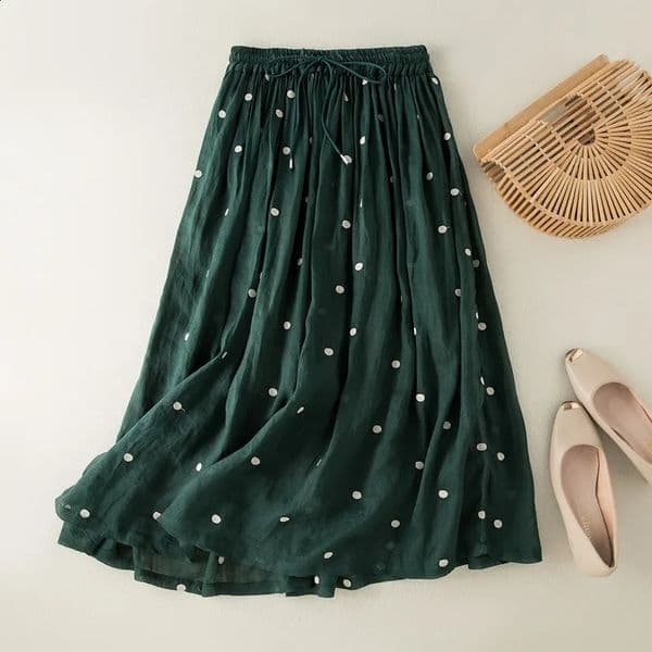 Retro polka dot womens skiing summer casual cotton linen Midi high waist elastic loose 240809