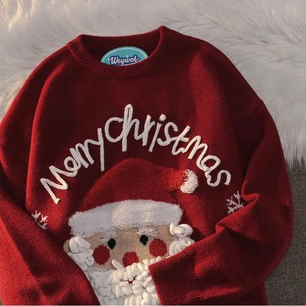 vintage Santa Claus round neck sweater for men and women loose knit 240809
