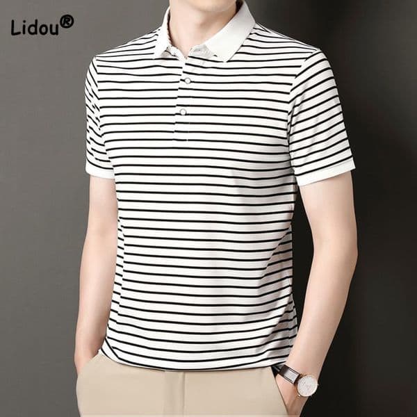 Fashion Trend Mens Striped Printed Polo-Neck Shirt Summer Casual Business Short Sleeve Comfortable T-shirt Male Clothes 240809
