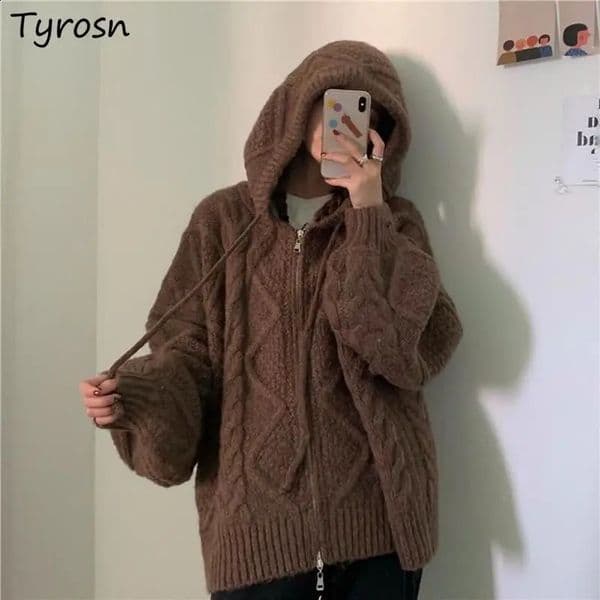 Women's Knits Tees Winter Zipper Hooded Cardigan Sweaters Women Vintage Baggy Japanese Style Lazy Knitting Outwear Mori-girl Thick Cardigans Mujer 230224