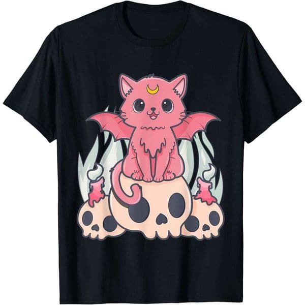 Halloween T shirt for Mens Kawaii Pastel Goth Cute Creepy Demon Cat and Skull Anime Art T-Shirt Shirts Tshirt Graphic Tee Casual Tops Clothes Short sleeve
