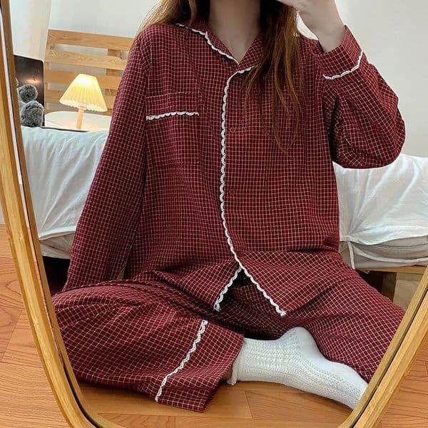 Yasuk Spring Autumn Fashion Womens Casual Lovely Plaid Sleepwear Nightgow Retro Pajamas Set With Pants Trouser Year Soft 240810