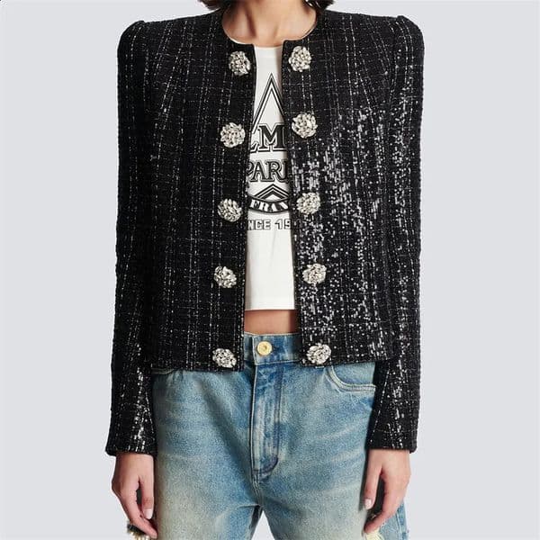 Womens Jacket Autumn Fashionable Crystal Button Decoration Coat High Quality Glitter Blended Long Sleeve Top 240809