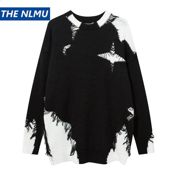 Mens Tear Sweater Distressed Vintage Graphic Streetwear Hip Hop Knitted Pullover Retro Loose Hipster 240809
