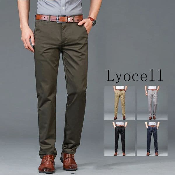 High quality Lyocell mens pants business closeup fashion blue khaki straight casual clothing plus size 3040 240809