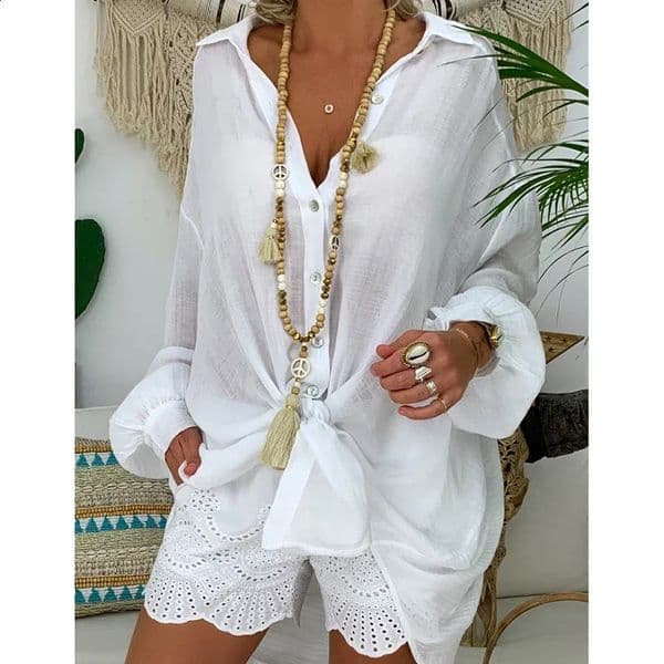 Customized long sleeved linen shirt white button down loose casual cotton womens top and blue 240810