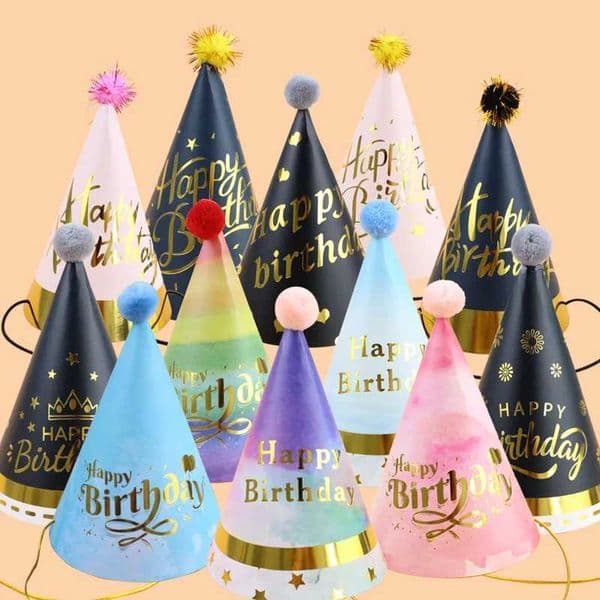 Cute Birthday Hat Boy Girl Paper Cone Cap Gold Glitter Ball Caps With Poms Children Kids Baby Shower Party Decorations Y240810