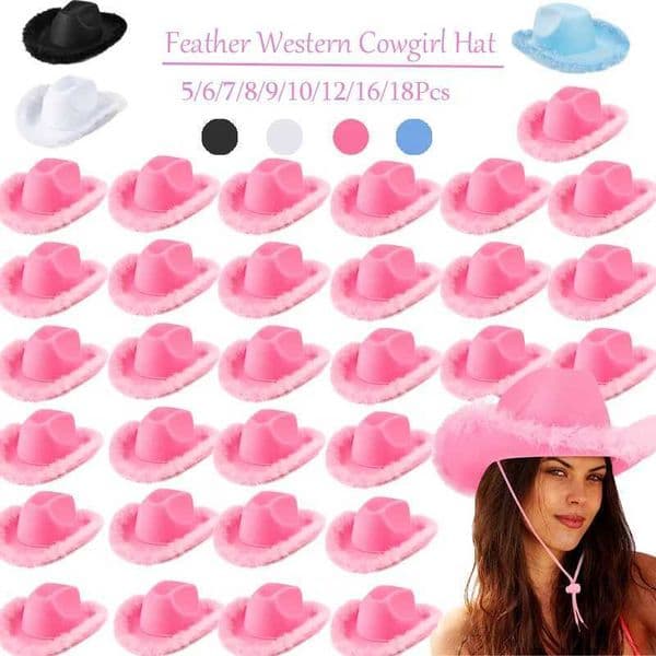 5-18pcs Feather Western Cowgirl Hats Wedding Bachelorette Hen Party Wide Brim Cowboy Hat for Women Men Party Costume Caps Y240810