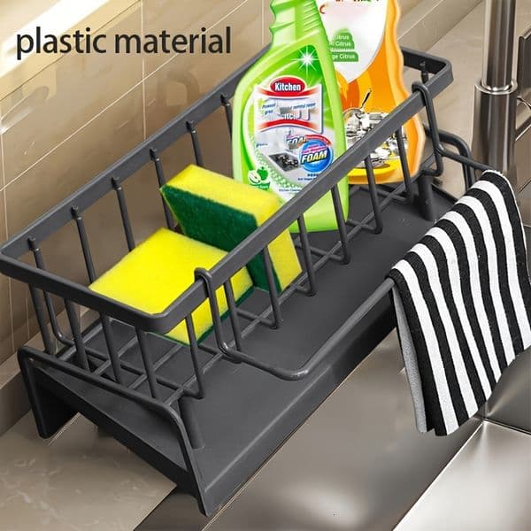 Multi-Functional Kitchen Sink Storage Rack Holds Sponge, Soap, Brush, Towel, Scrubbers, More - Space-Saving, Easy-to-Clean, Punch-Free Design for Hotel and
