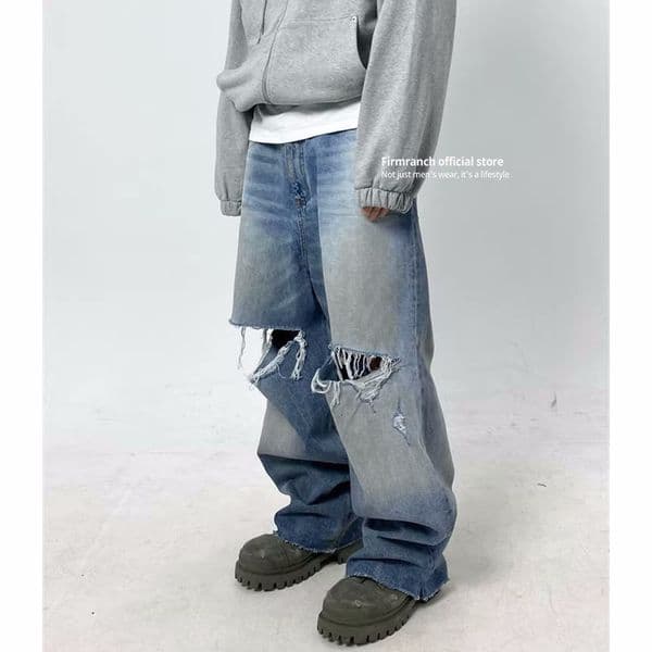 Firmranche Mens Blue Pocket Jeans Large Hole Tear Drag Flat Denim Pants Street Clothing Oversized Trouser 240808