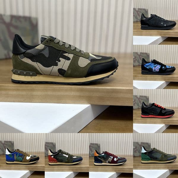 Rockrunners Camo Designer Casual Shoes Tops Leather Camouflage Rubber Sole Military Green Triple Black White Grey Mens Platform OG Trainers Sneakers